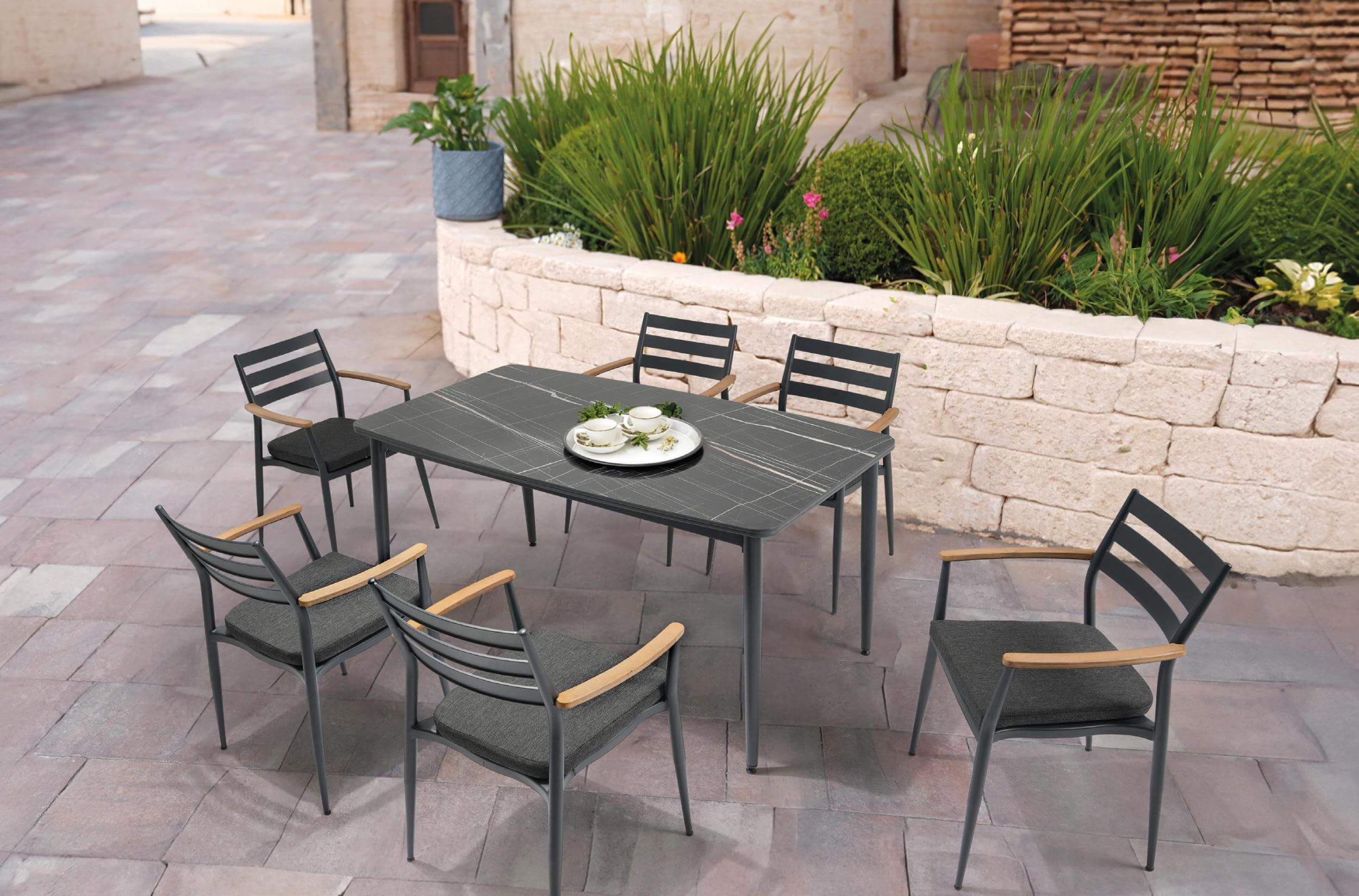Gartenessgruppe EFE DINNING 90/160 Set 6 anthrazit/schwarz